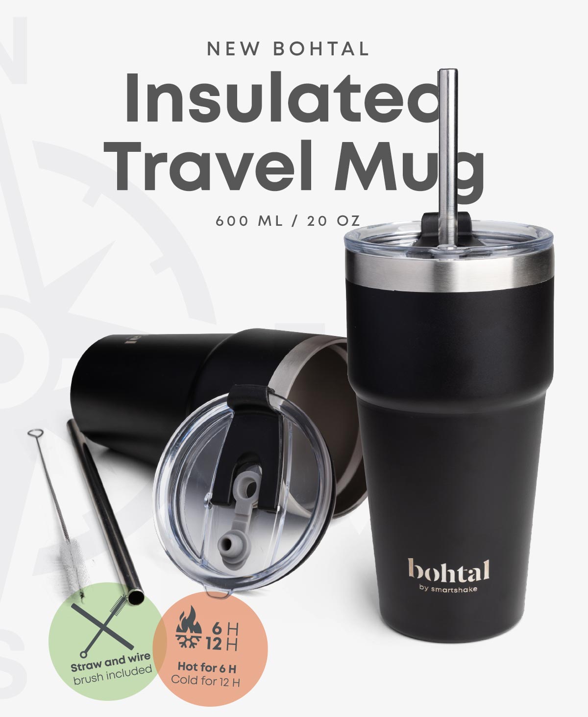 Bohtal Double Insulated Travel Mug with Straw, Black - 600ml.